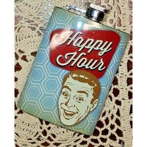 Wembley Stainless Steel 4 oz. Flask 'Happy Hour' Cheeky Humor Screw-On Lid